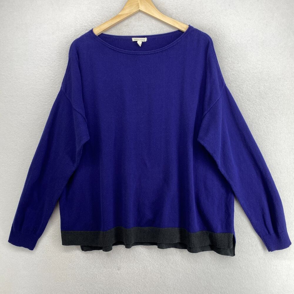EILEEN FISHER Sweater XL Slub Cotton Jersey Round Neck Pullover Long Sleeve Blue